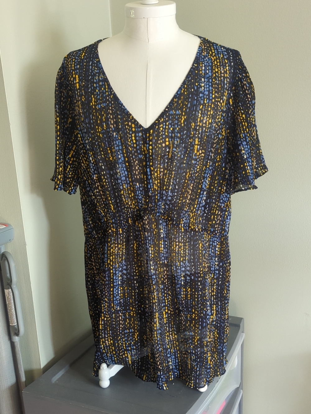 Cato Navy V-Neck Flutter Sleeve Tunic with Blue & Mustard Dot Print